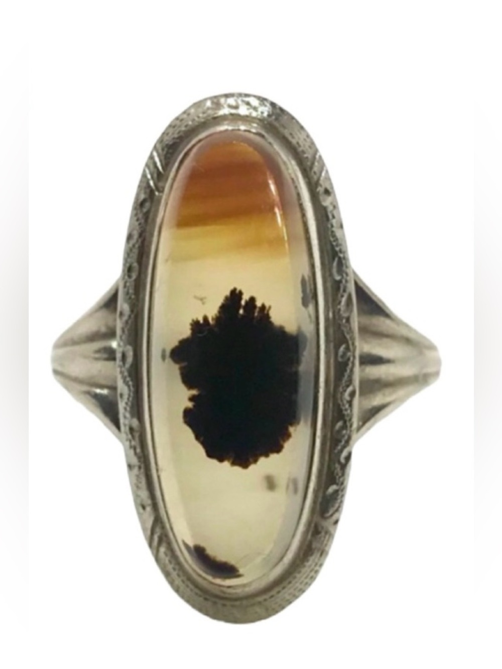 10K SOLID WHITE GOLD CABACHON DENDRITE OPAL OVAL SHAPED STATEMENT RING (6.25)